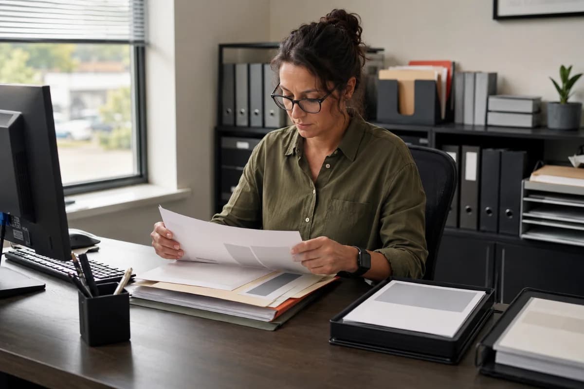 Compliance professional reviewing a checklist and organized fleet records in an office.