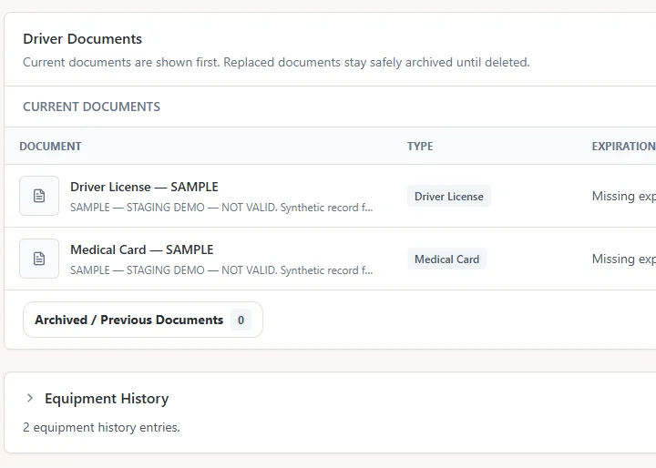 TruckTA Documents screen with document statuses in a demo workspace.
