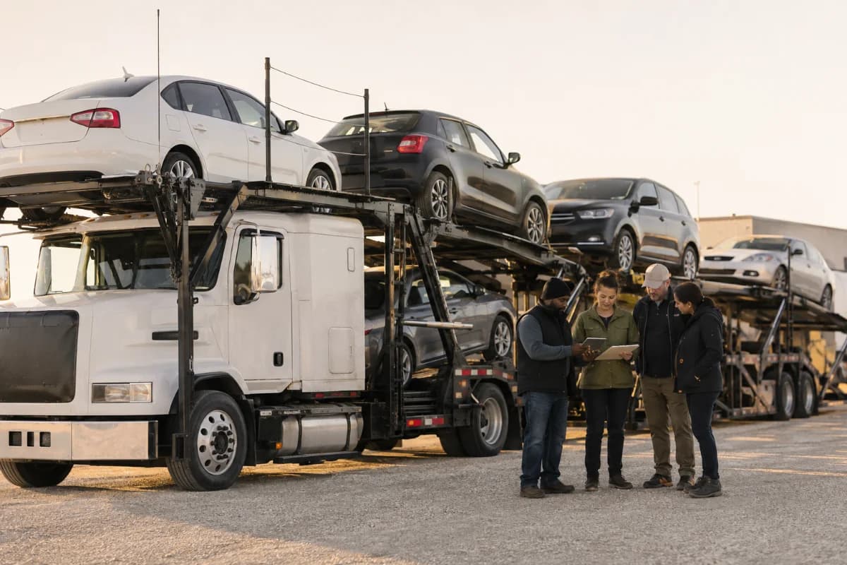 Loaded car carrier with an operations team nearby.