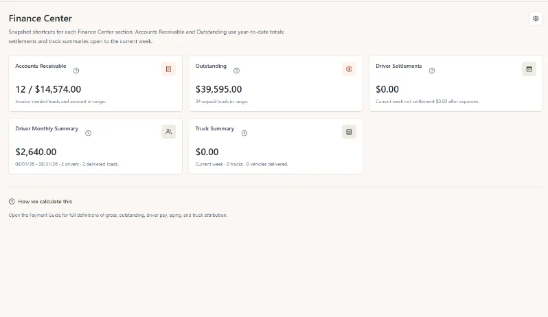 TruckTA Finance Center with receivable and settlement queues in a demo workspace.