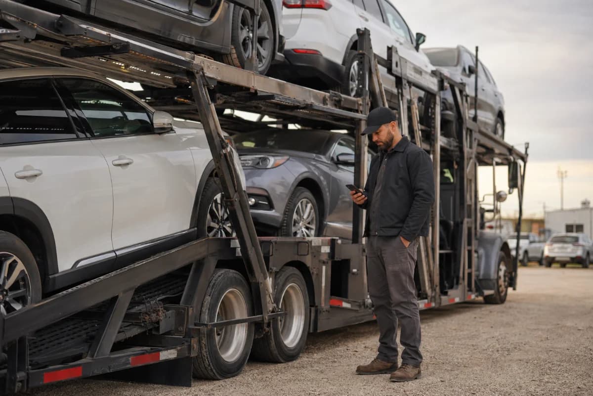 Car-hauler driver beside a loaded carrier checking a phone during a pickup.