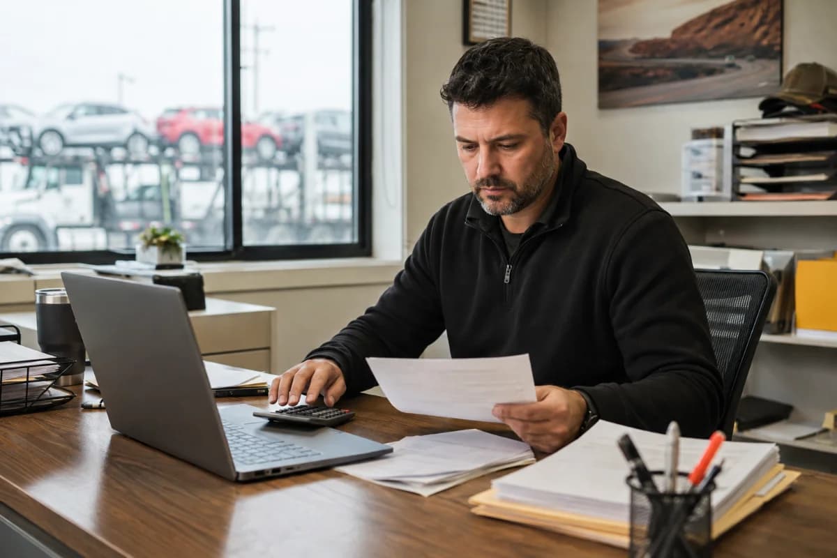 Finance professional reviewing a payment workflow at a desk in a car-hauling office.