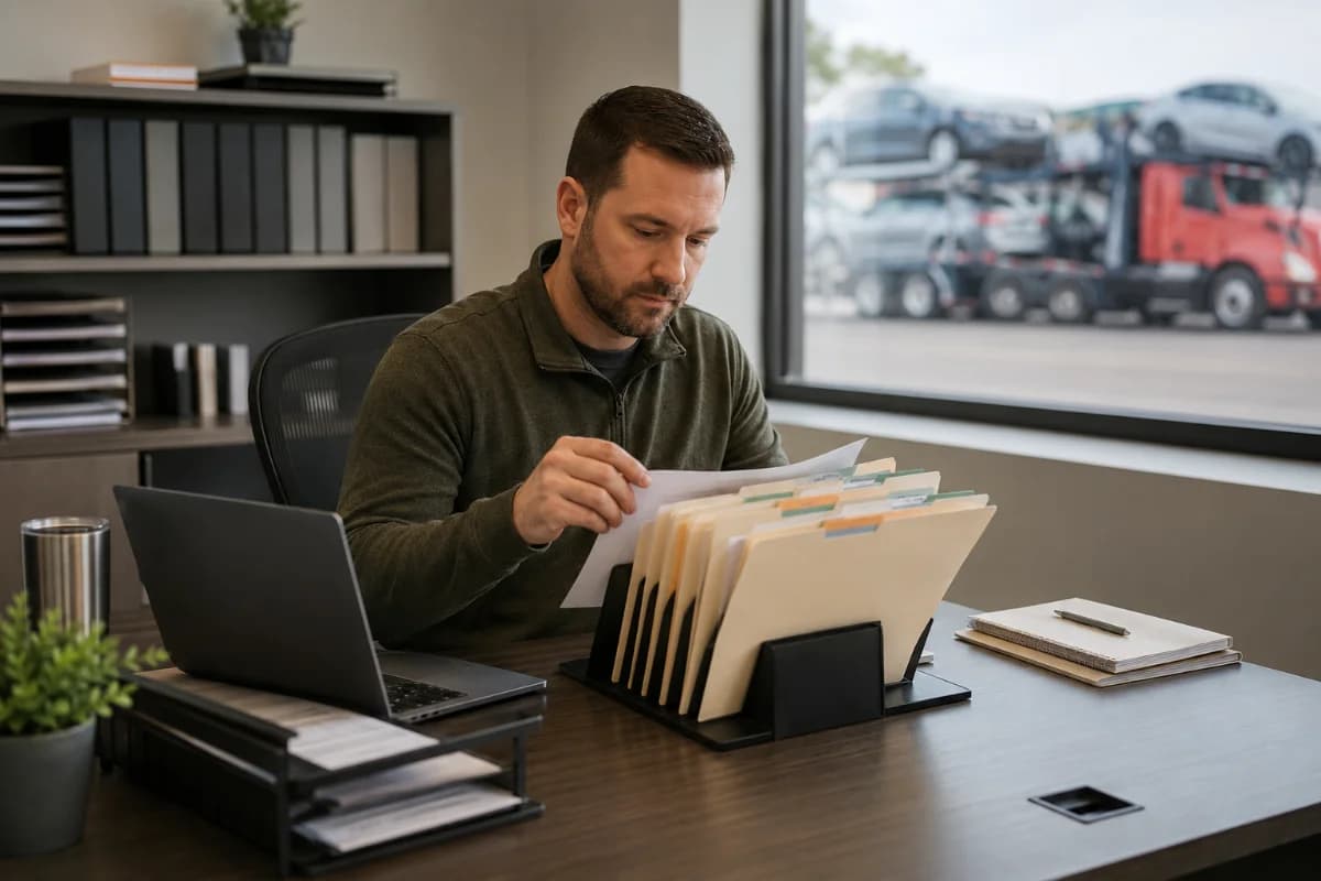 Finance professional reviewing a settlement workflow at a desk in a car-hauling office.