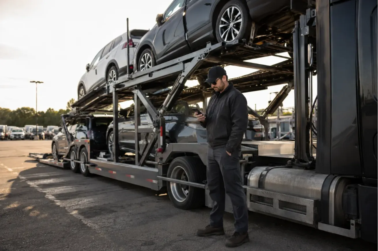 Driver standing beside a loaded car carrier checking a phone during a pickup