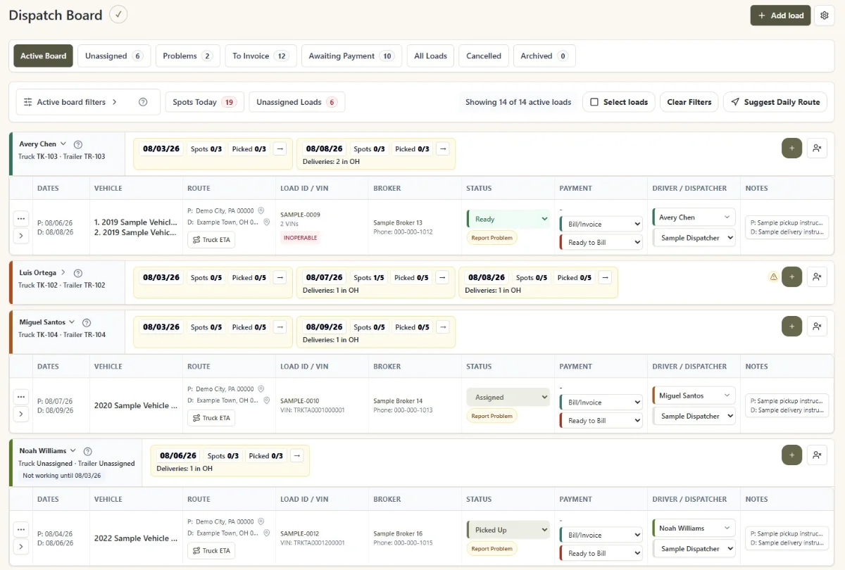 TruckTA Active Board showing driver groups with assigned loads, trailer capacity, and pickup and delivery planning in a demo workspace.
