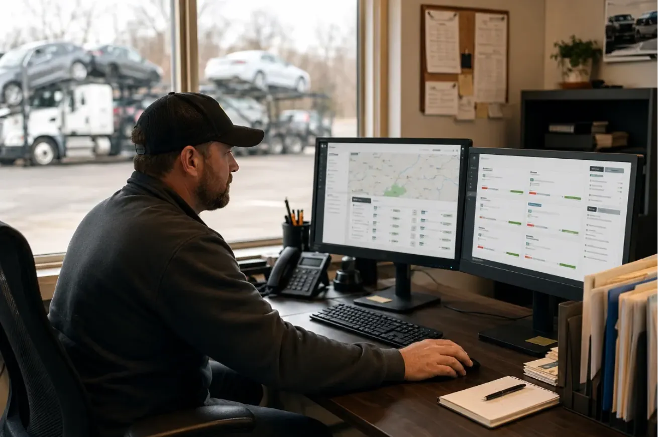 Dispatcher at a dual-monitor workstation with a map and load lists on screen, car carriers parked outside the window