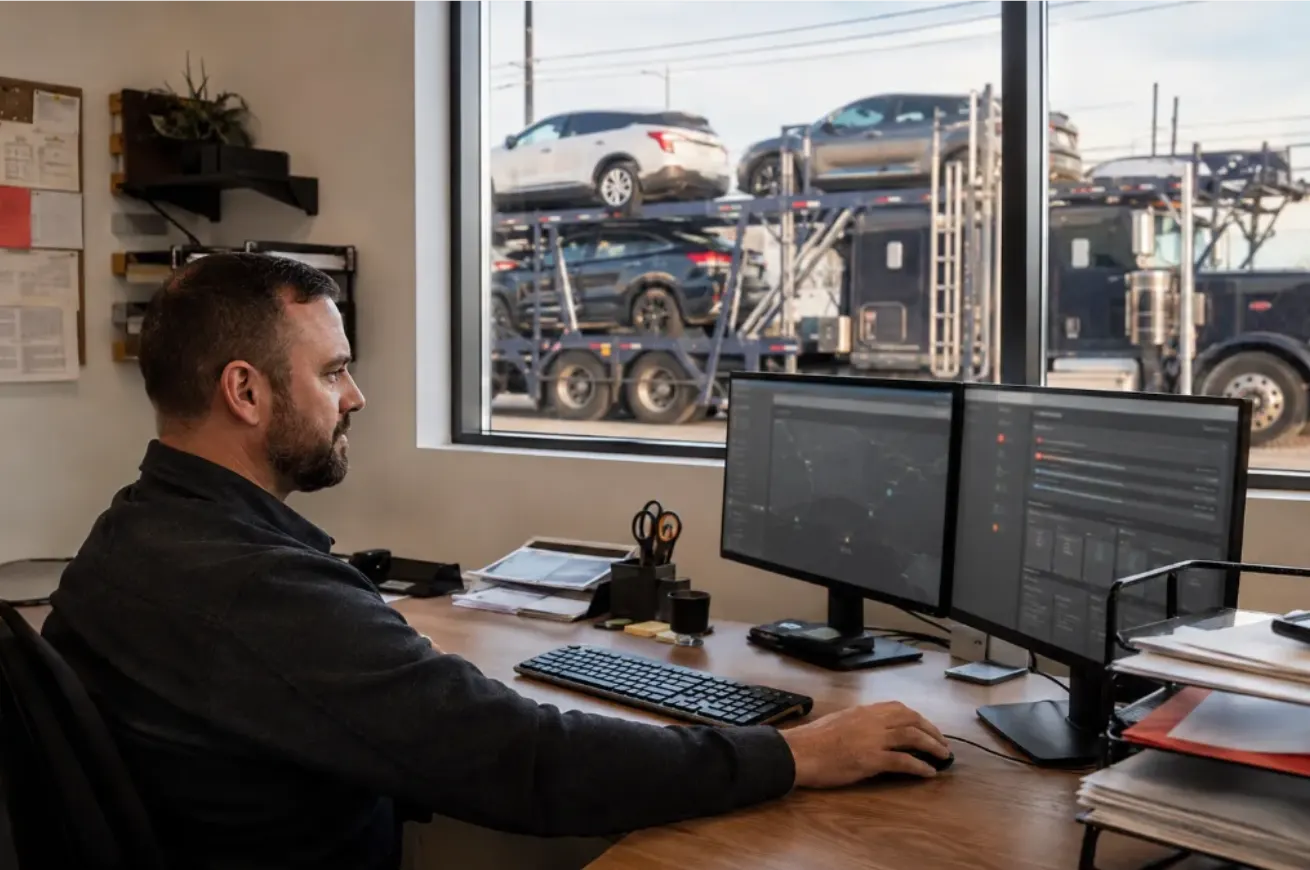 Dispatcher working at a dual-monitor workstation while a loaded car carrier passes the office window