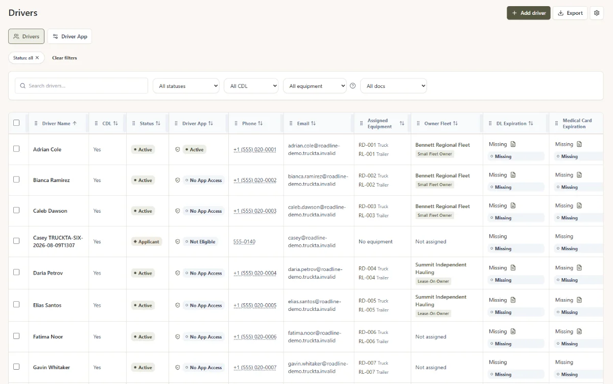 TruckTA Company Documents screen with document types, statuses, and expiration dates in a demo workspace.