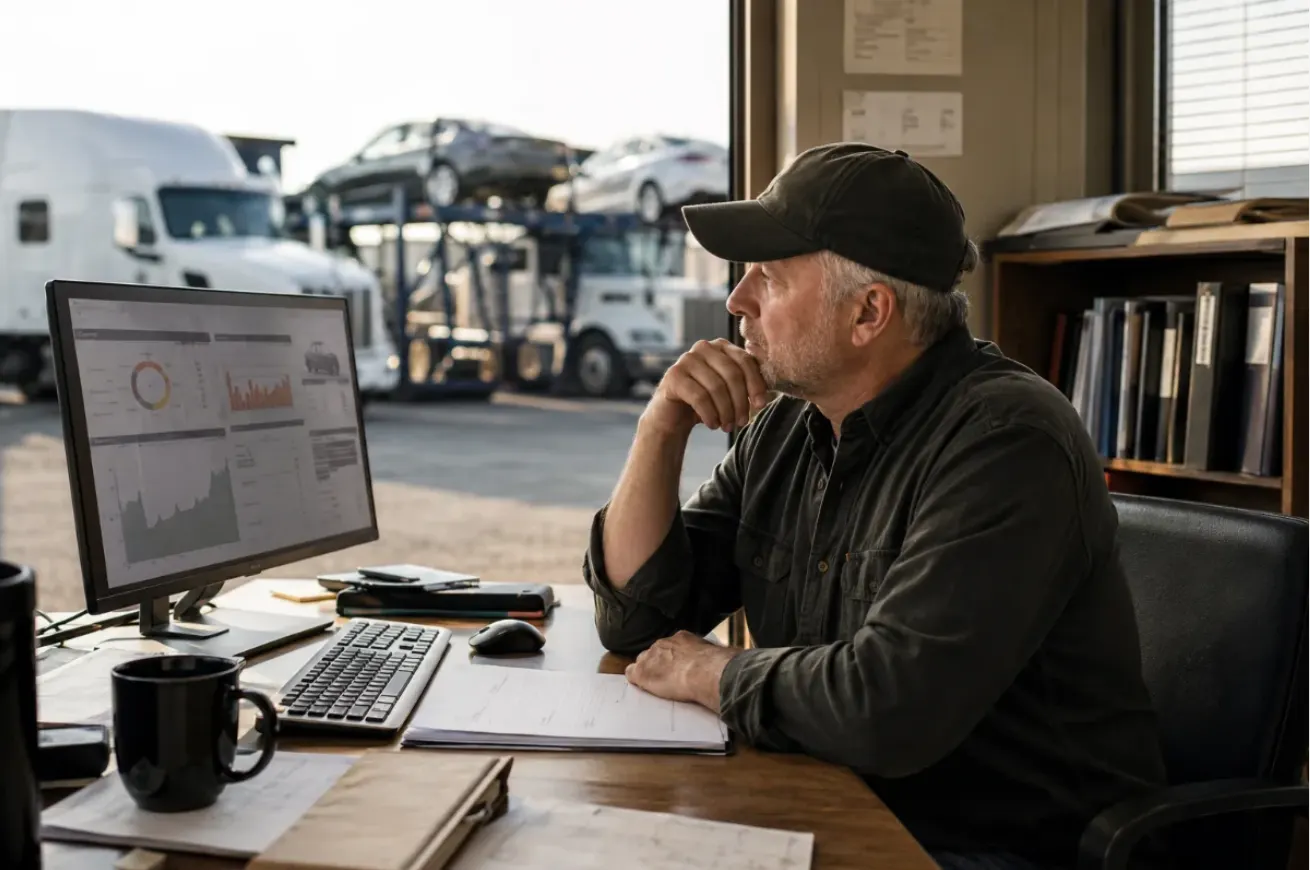 Fleet owner reviewing operational reports at an office desk, trucks and a loaded carrier visible in the yard outside