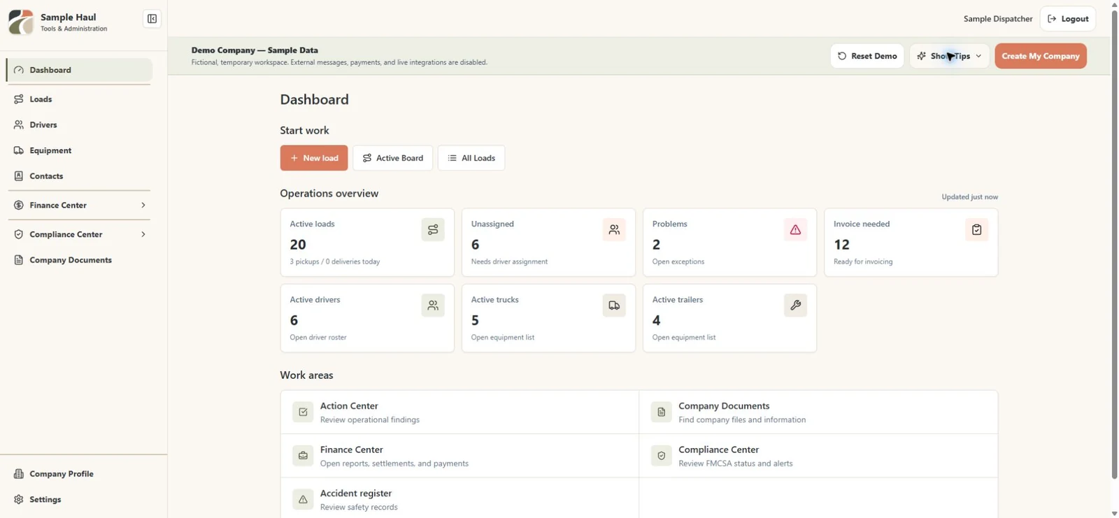 TruckTA Demo Dashboard showing active loads, unassigned work, problems, invoice follow-up, drivers, trucks, trailers, documents, and finance work areas.
