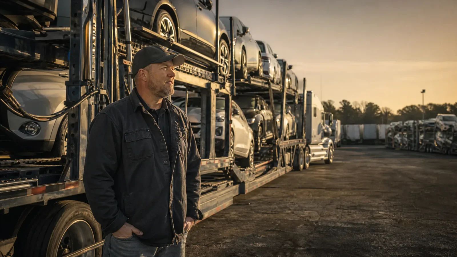 A car hauler driver in a dark jacket stands beside a loaded car carrier in a yard at dusk.