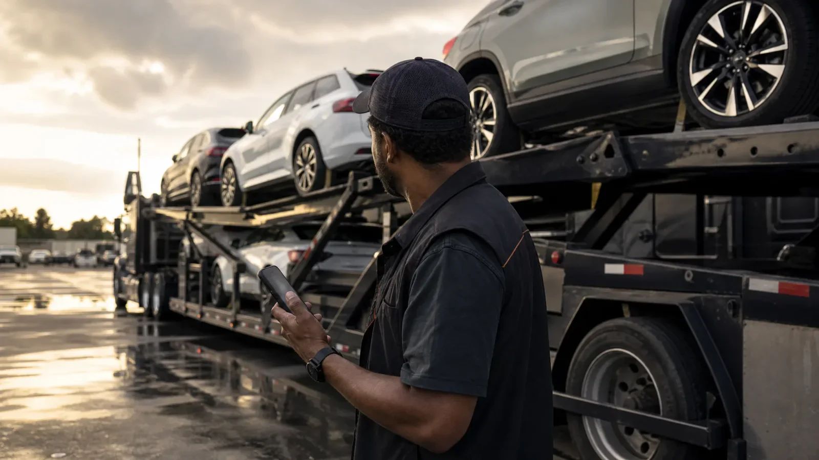 Car hauler driver holding a phone beside a loaded car carrier at dusk
