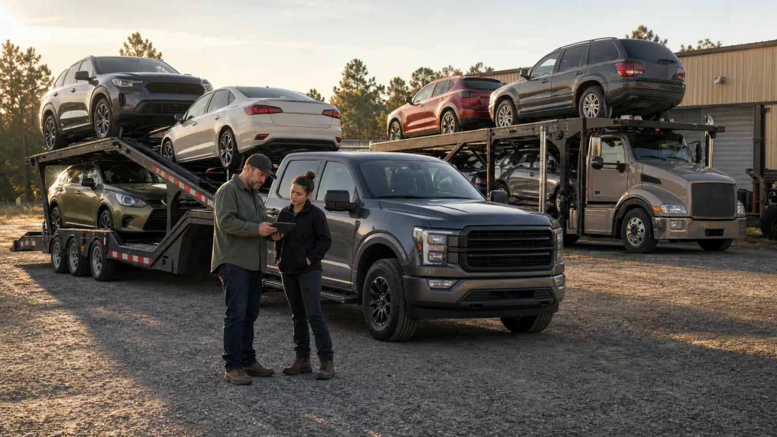 Two people look at a tablet beside a pickup and loaded car-hauling trailer in a gravel yard. Another loaded car hauler is parked nearby.