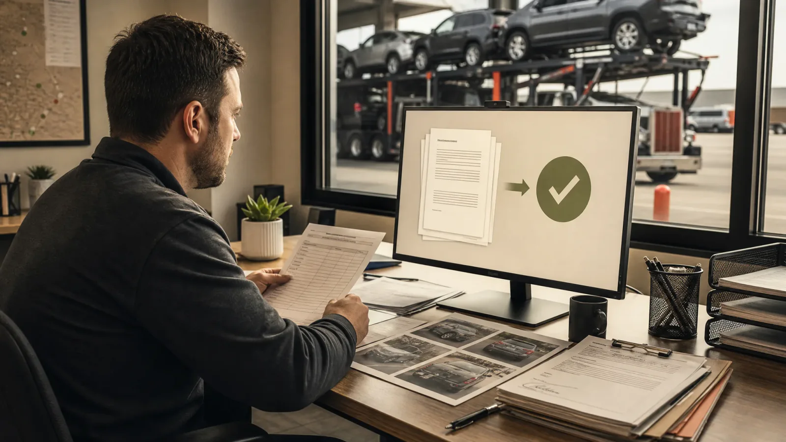 Car-hauling dispatcher reviewing invoice, proof of delivery, and accounts receivable records