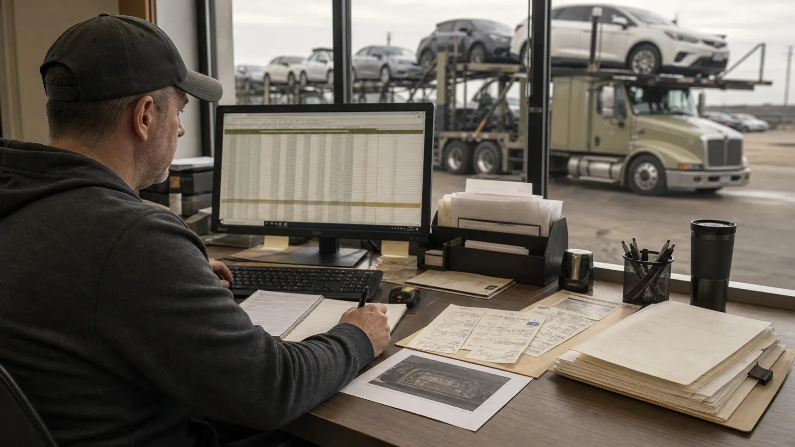 Dispatcher organizing fuel receipts and jurisdiction mileage records into a quarterly IFTA packet for a small car-hauling fleet