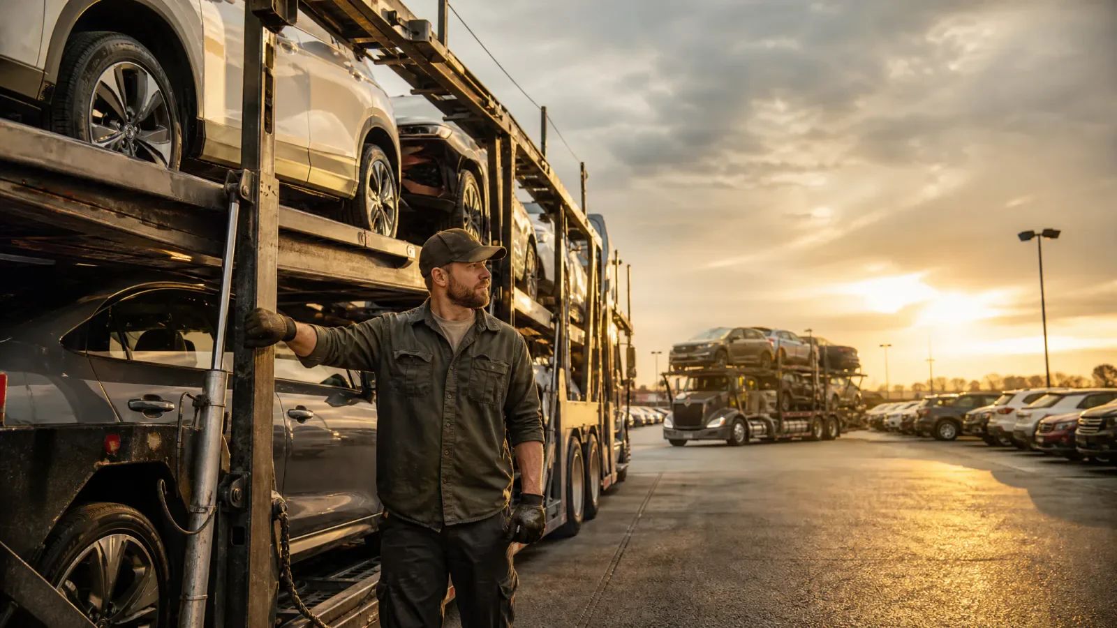 Car-hauler driver standing beside a loaded vehicle carrier in a transport yard at sunset.