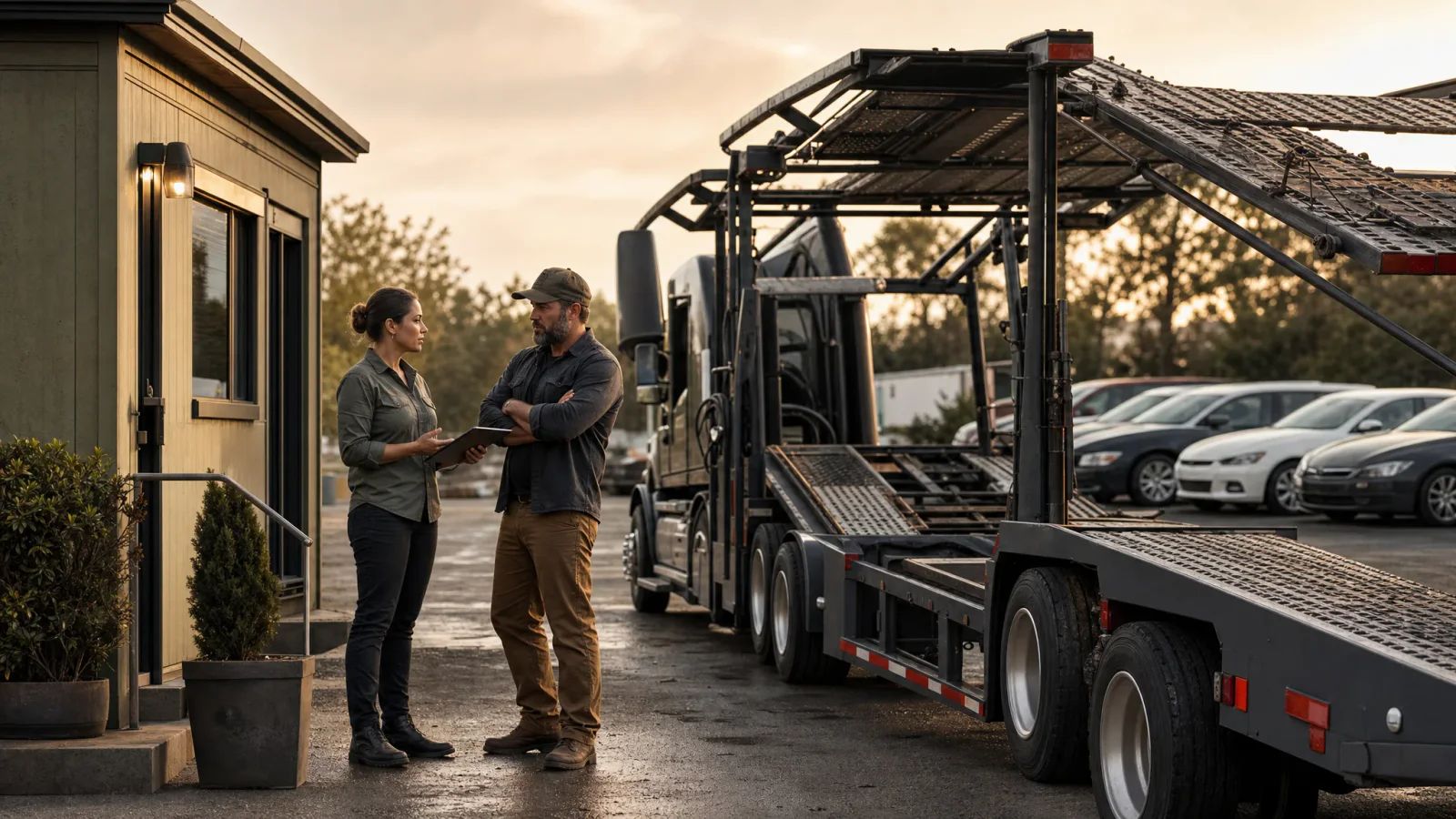 Two people talk beside an unloaded car transporter outside a small office, with parked cars in the background.