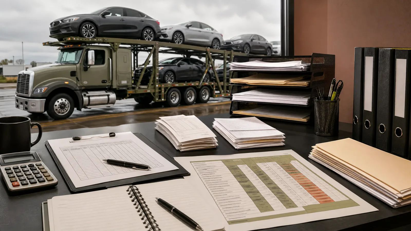 Month-end car hauler truck and trailer cost tracking checklist with unit records, fuel receipts, and repair invoices