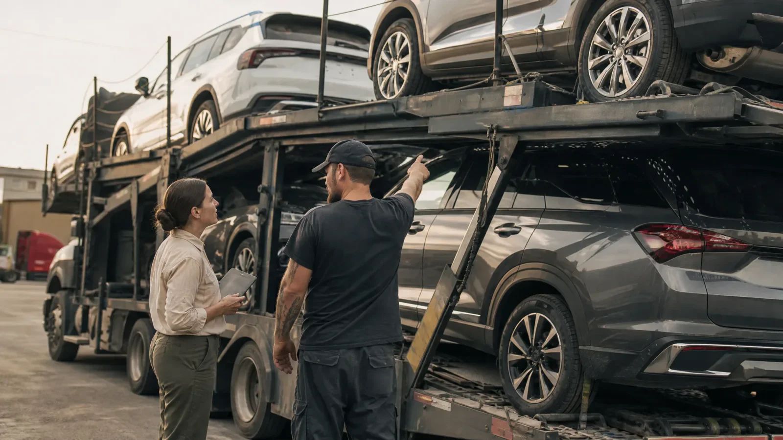 A driver points toward cars on the upper deck while a colleague stands beside the loaded carrier.