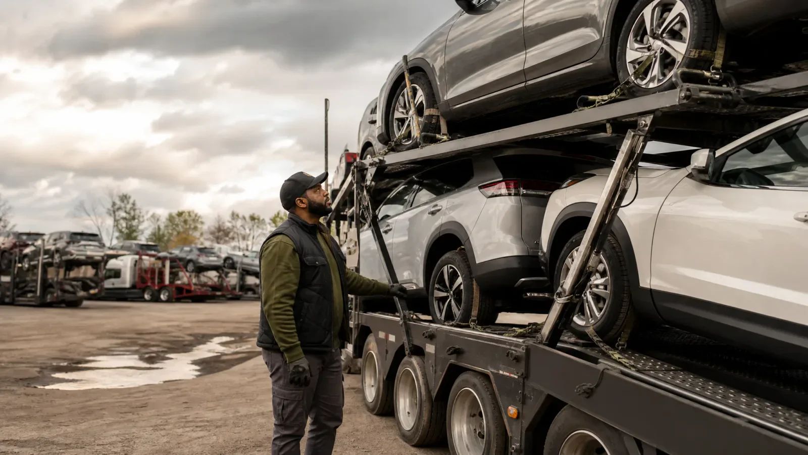 Car hauler looking up at the vehicles strapped on his car carrier in a cloudy transport yard