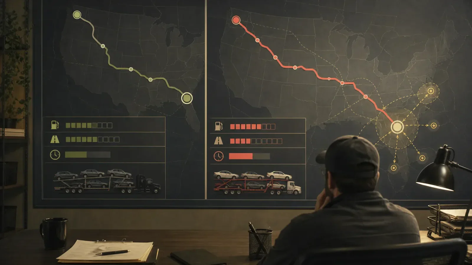 Dispatcher compares two car-haul routes on U.S. maps, weighing fuel, highway, and time costs alongside delivery direction and potential follow-up loads.