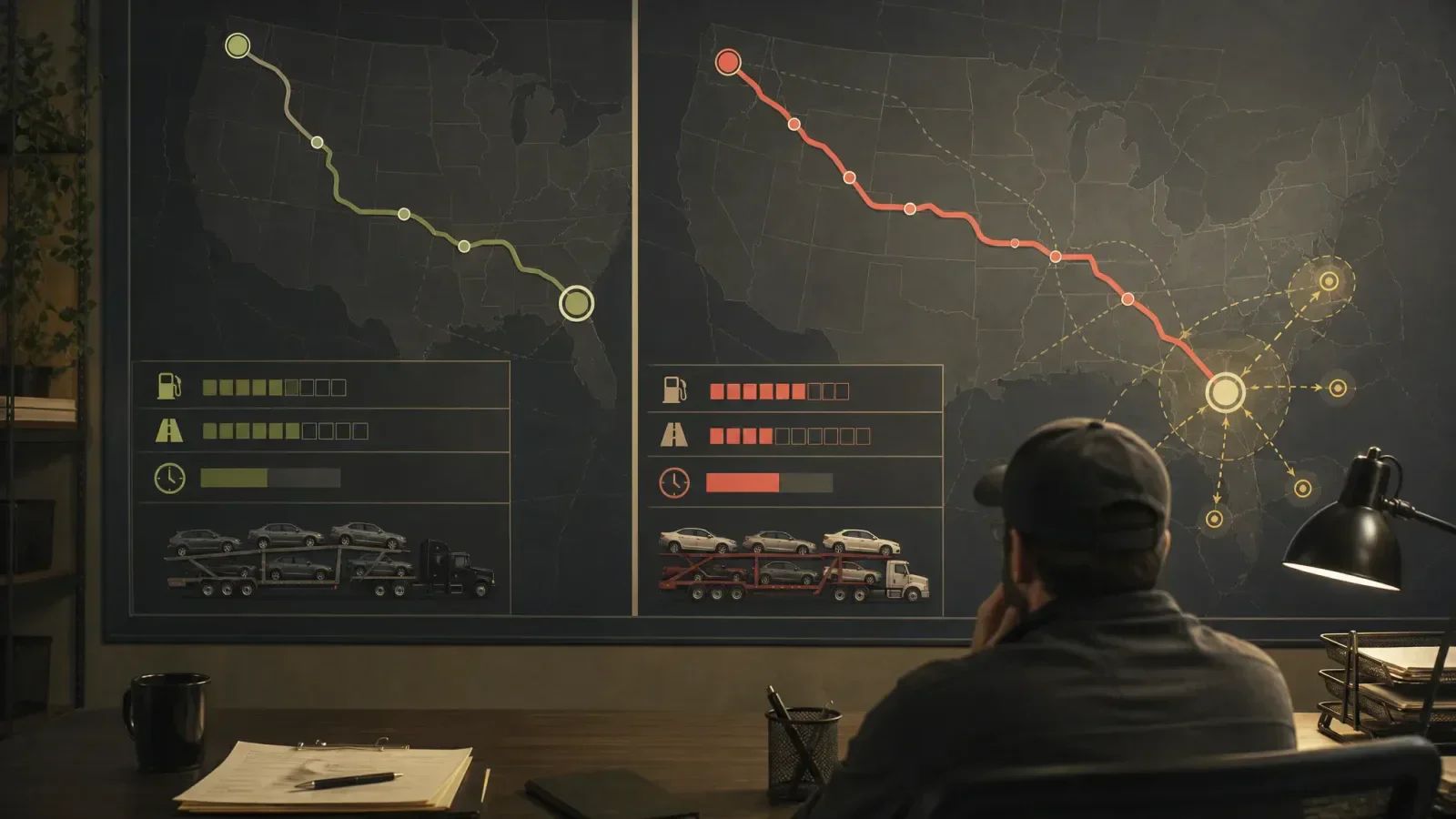 Dispatcher compares two car-haul routes on U.S. maps, weighing fuel, highway, and time costs alongside delivery direction and potential follow-up loads.