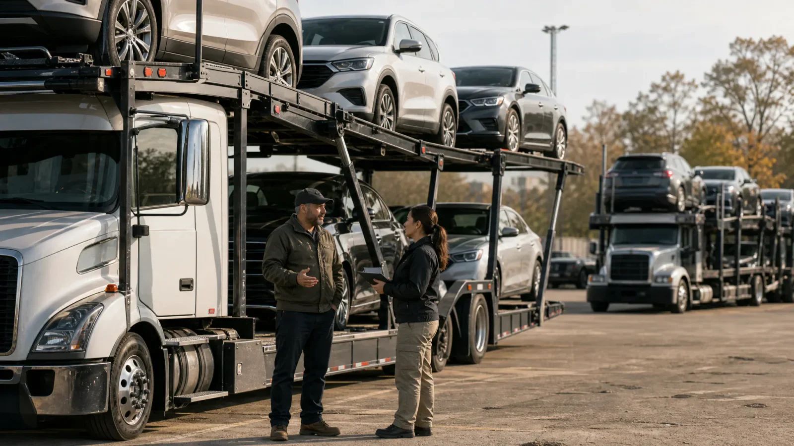 Car hauler driver and dispatcher talking beside a loaded auto-transport truck in a fleet yard