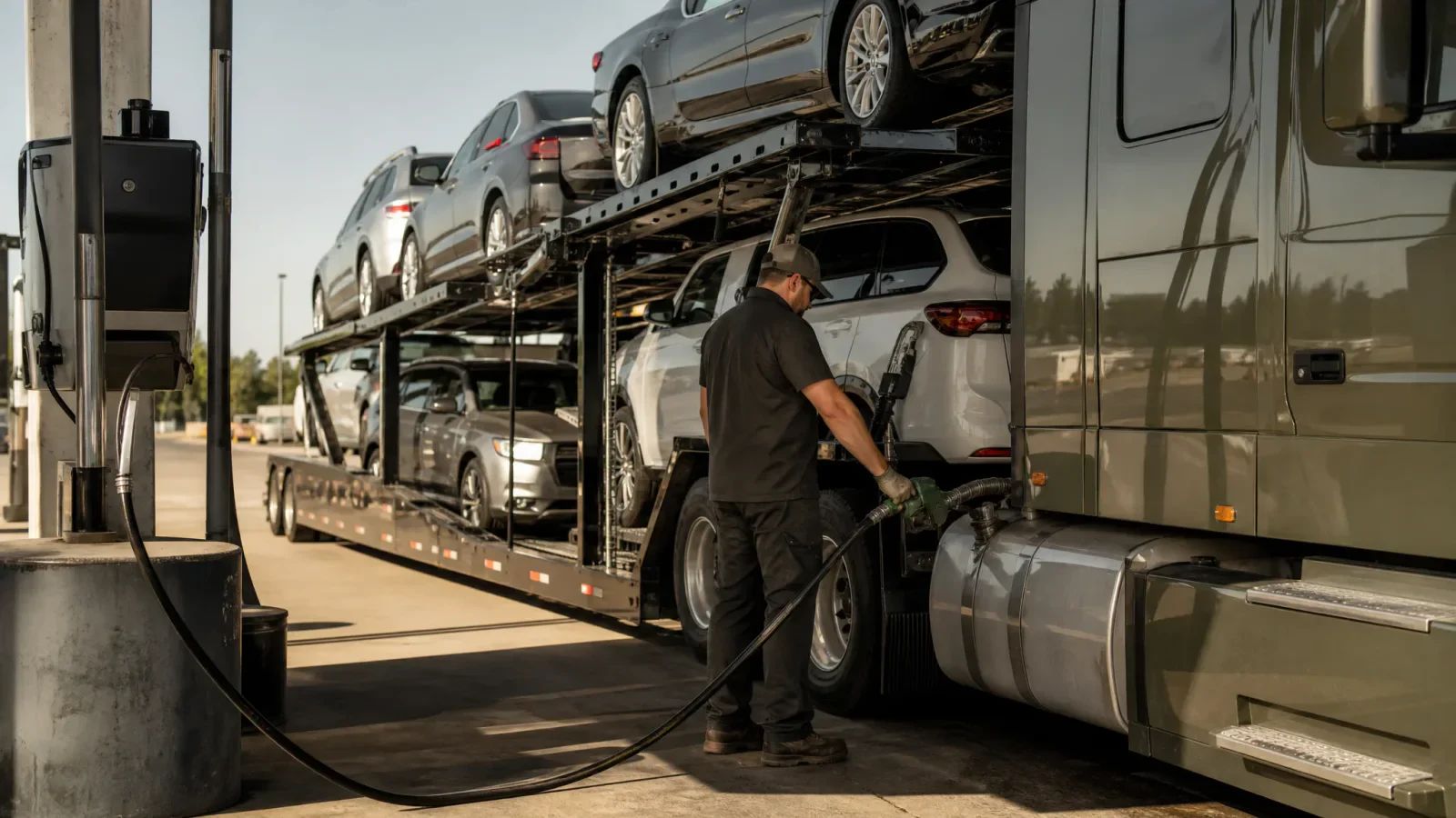 Car hauler driver fueling a loaded car carrier at a diesel pump on a sunny day