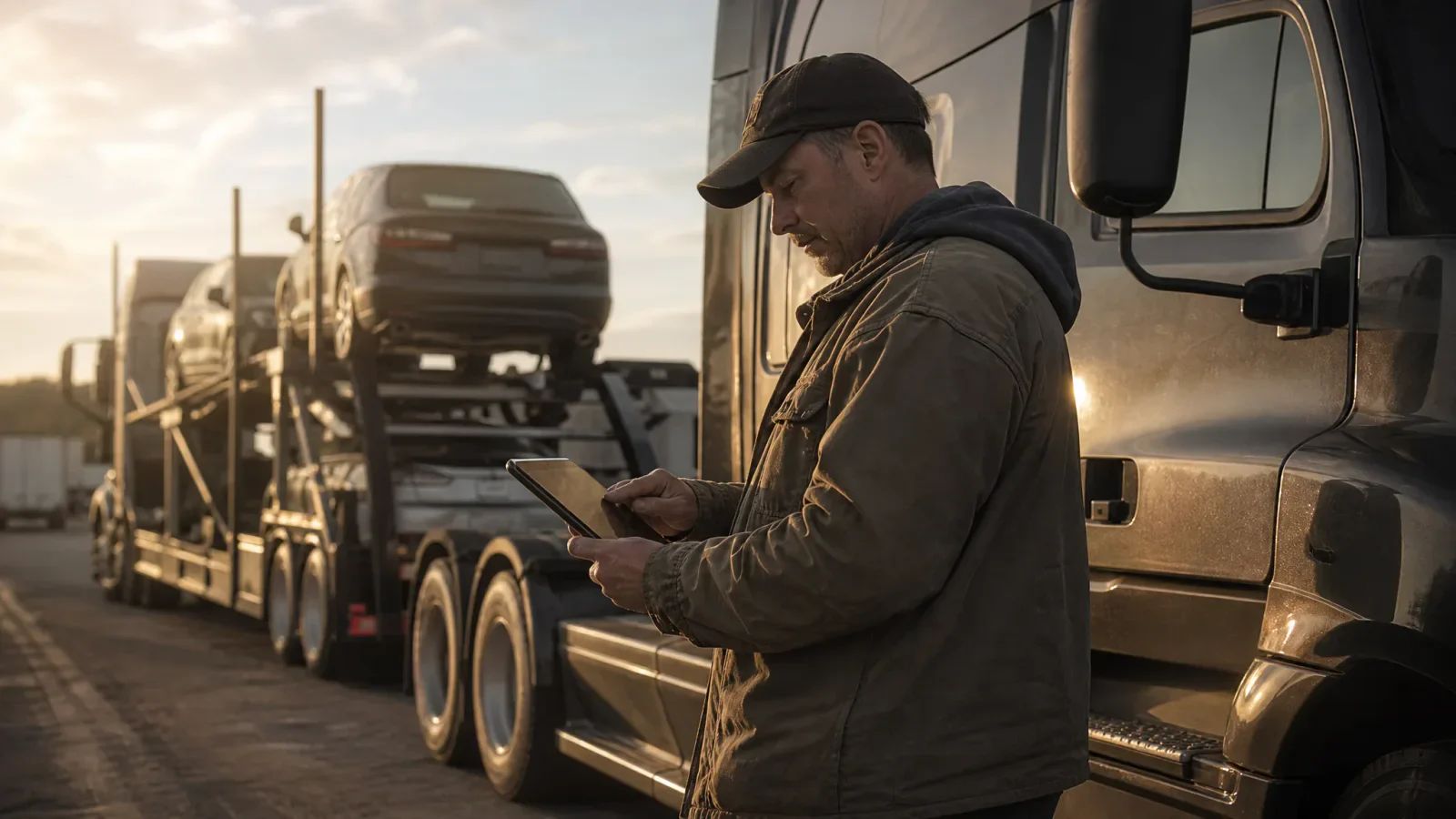 Driver checking a tablet beside his truck cab, with a car hauler trailer loaded with vehicles behind him