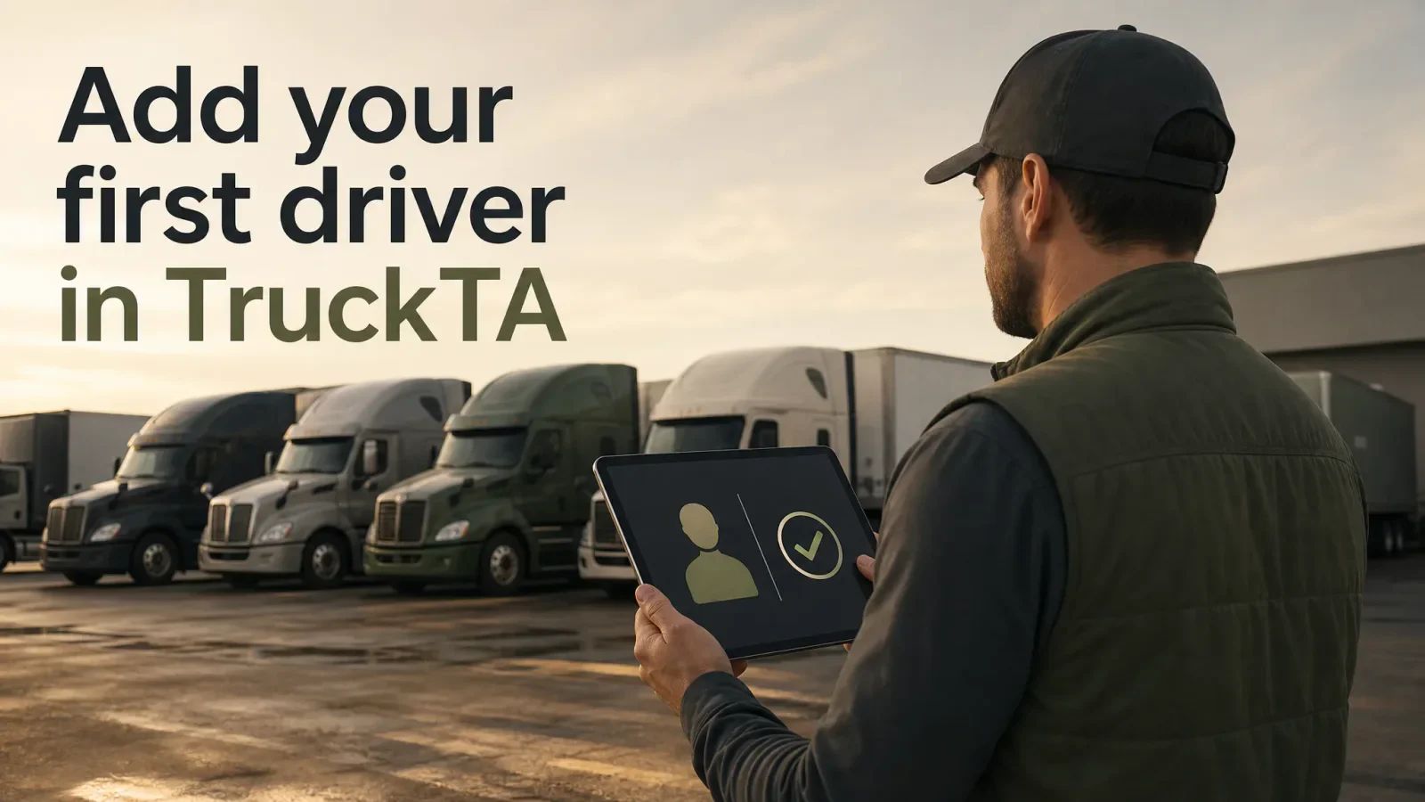 Illustration of a man holding a tablet with a driver checkmark in front of parked trucks