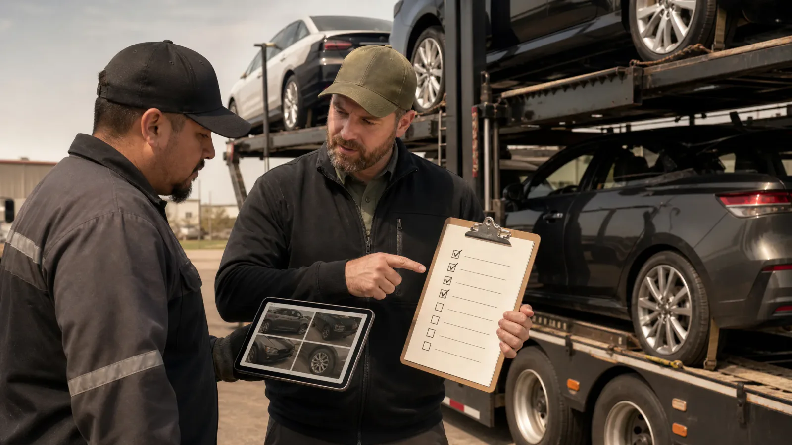 Fleet trainer reviewing a car hauler driver onboarding checklist beside a loaded auto transport trailer