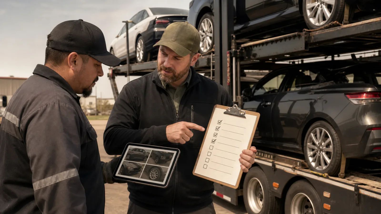 Fleet trainer reviewing a car hauler driver onboarding checklist beside a loaded auto transport trailer