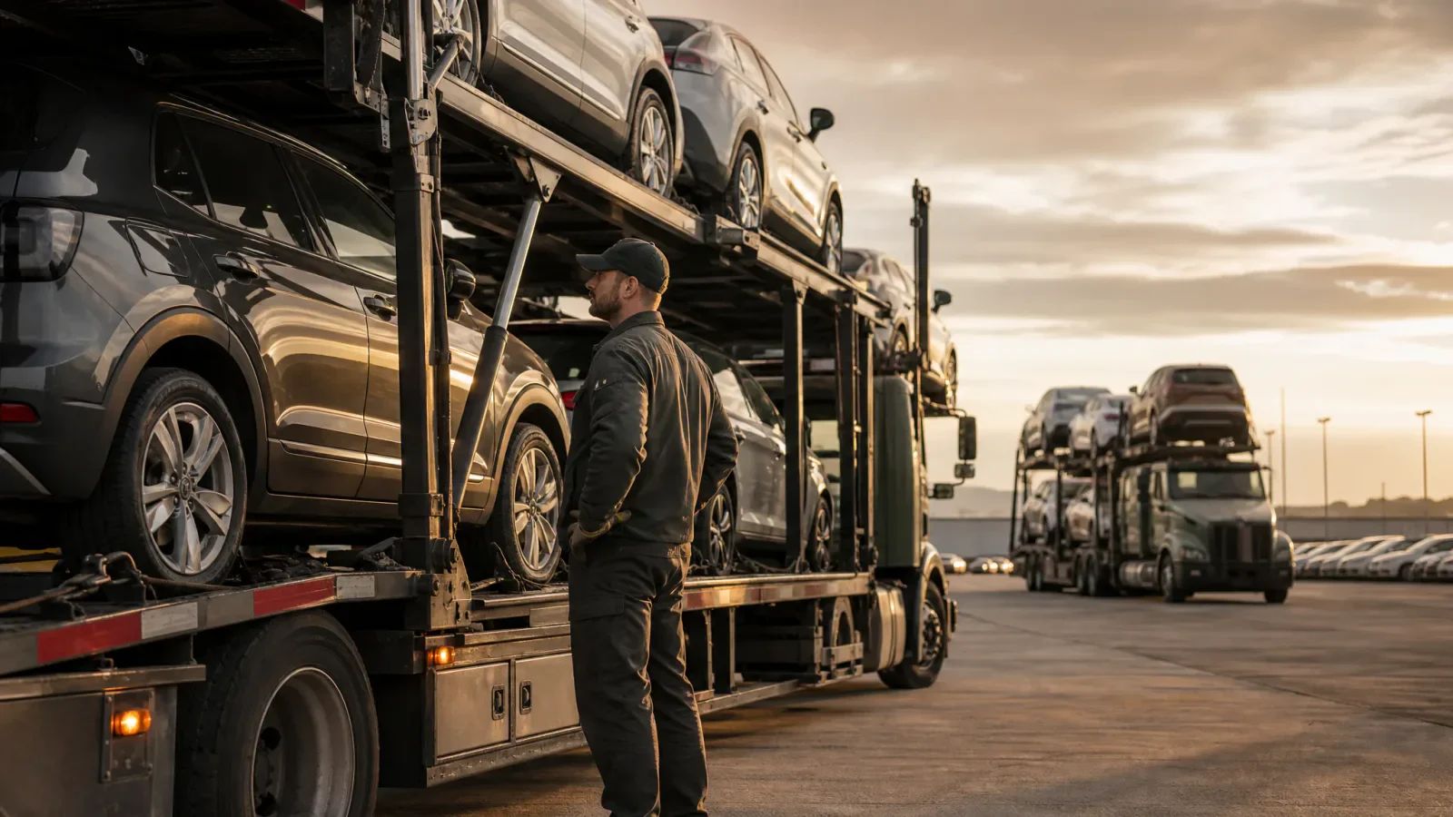 Driver beside a loaded car-hauler trailer, with another vehicle carrier in the yard at sunset.