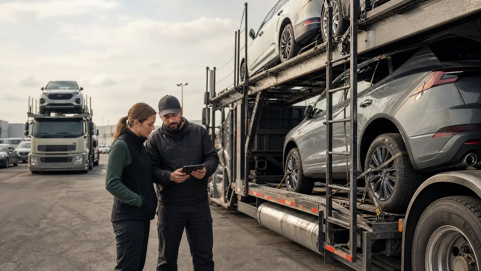A dispatcher and a driver check a tablet next to a loaded car carrier, with another carrier parked behind them.