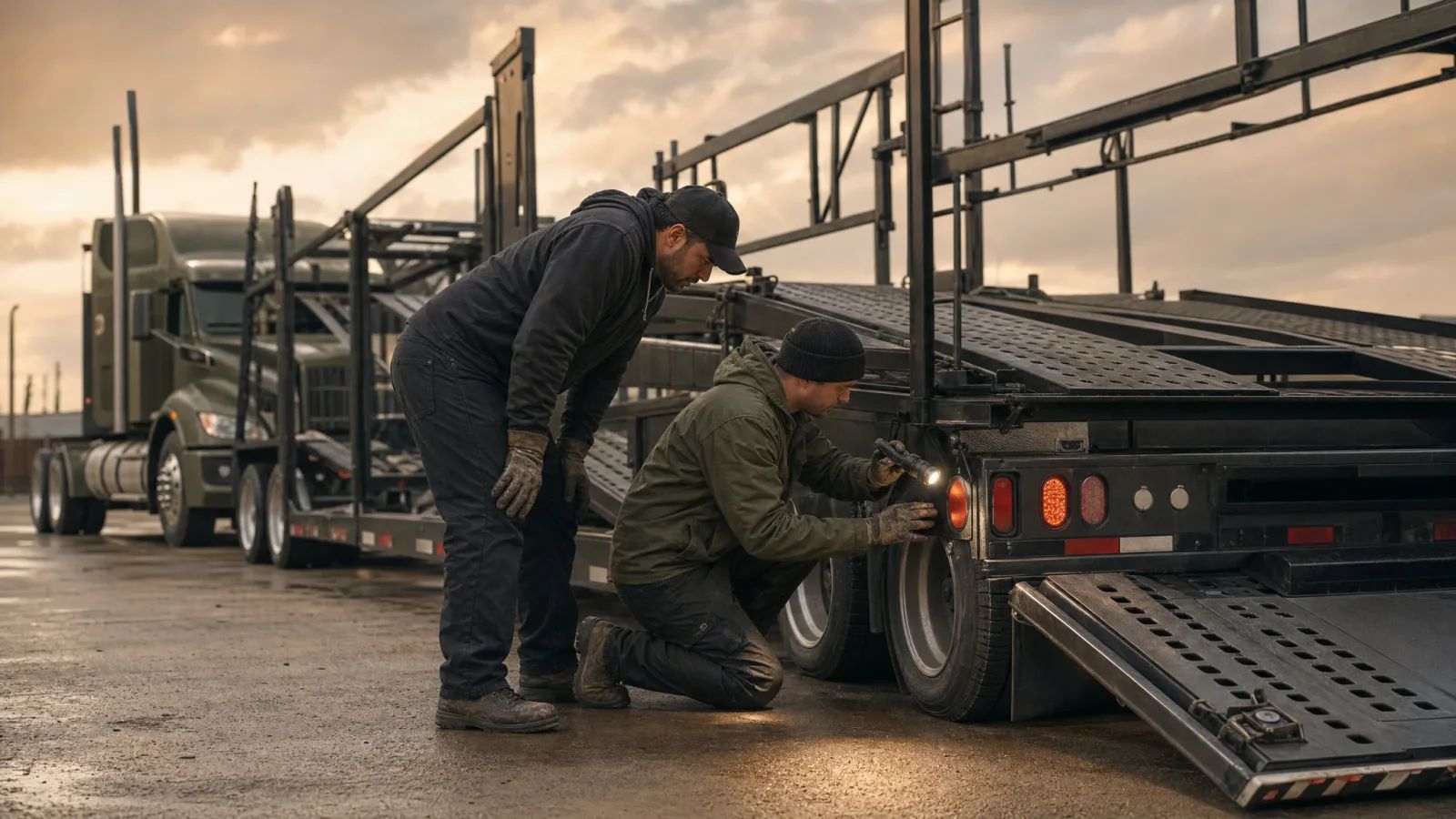 Two gloved workers inspect a rear lamp on an empty car-carrier trailer in a yard. One holds a flashlight beside the lowered loading ramp, with the trailer wheels and tractor visible.