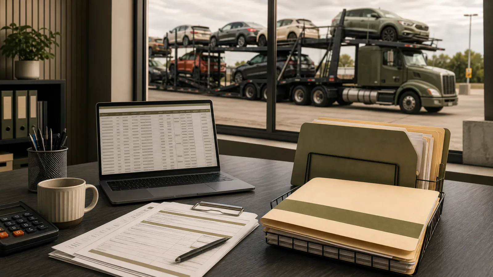 Fleet manager organizing Form 2290 vehicle records, VIN information, and Schedule 1 documents for a car-hauling company
