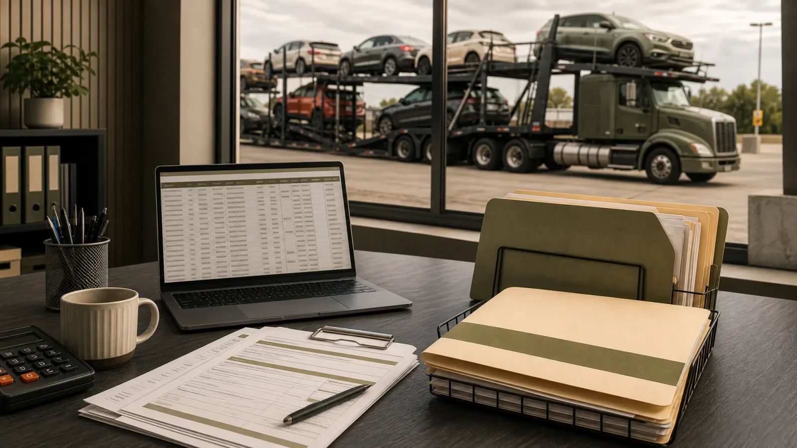 Fleet manager organizing Form 2290 vehicle records, VIN information, and Schedule 1 documents for a car-hauling company