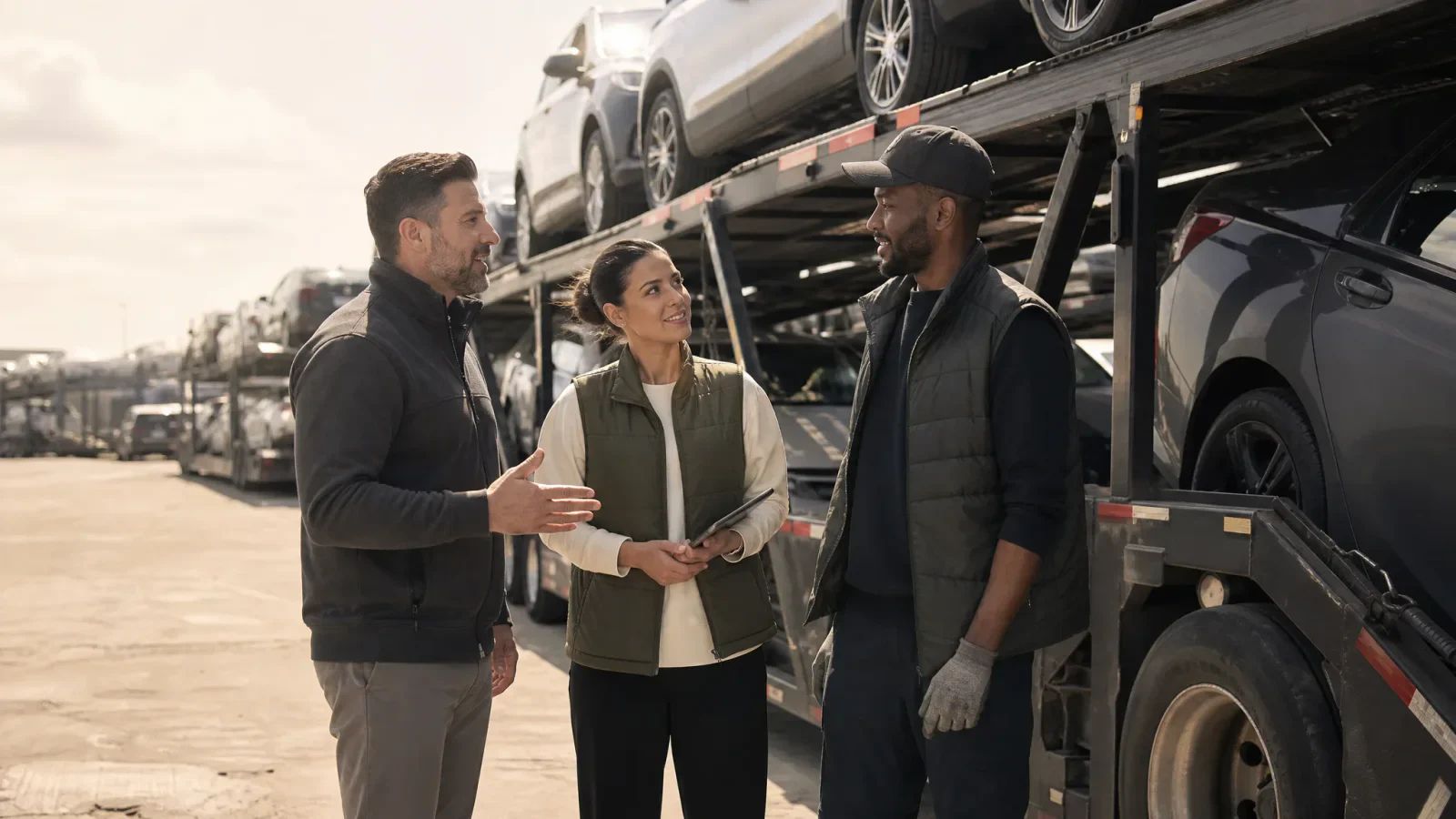 A company owner, an office team member and a driver talk beside a loaded car carrier in a transport yard.
