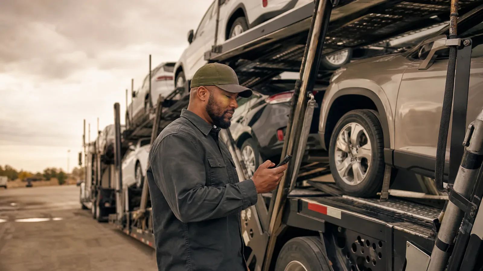 Car hauler driver checking his phone next to a loaded car carrier in a vehicle yard