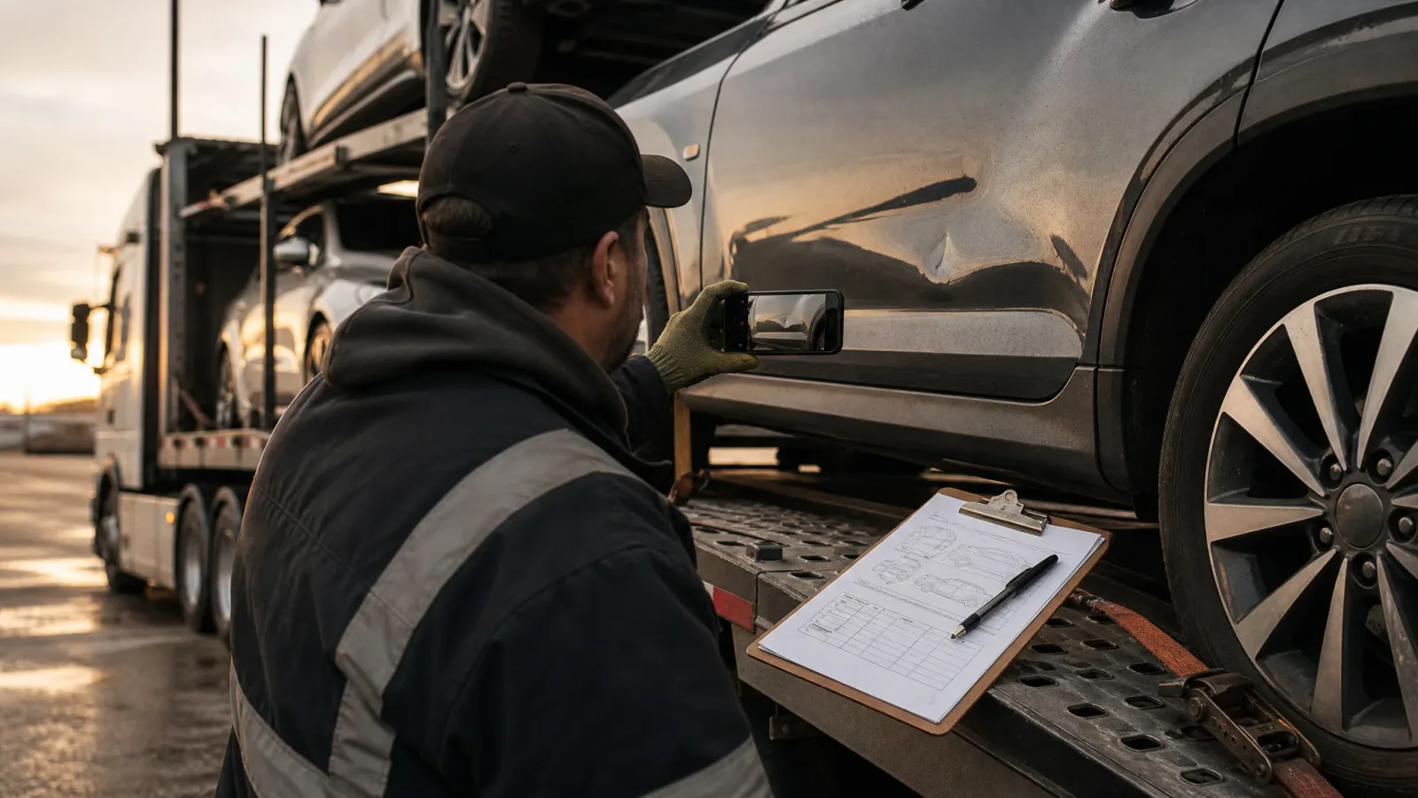 Car-hauler driver documenting vehicle condition with photos and a checklist during pickup