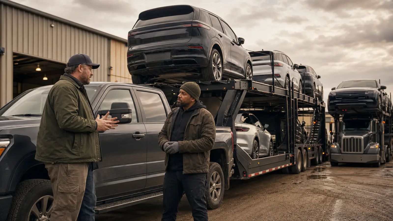 Two men talk beside a pickup towing a trailer loaded with SUVs outside a trucking terminal, with another loaded car carrier in the background.