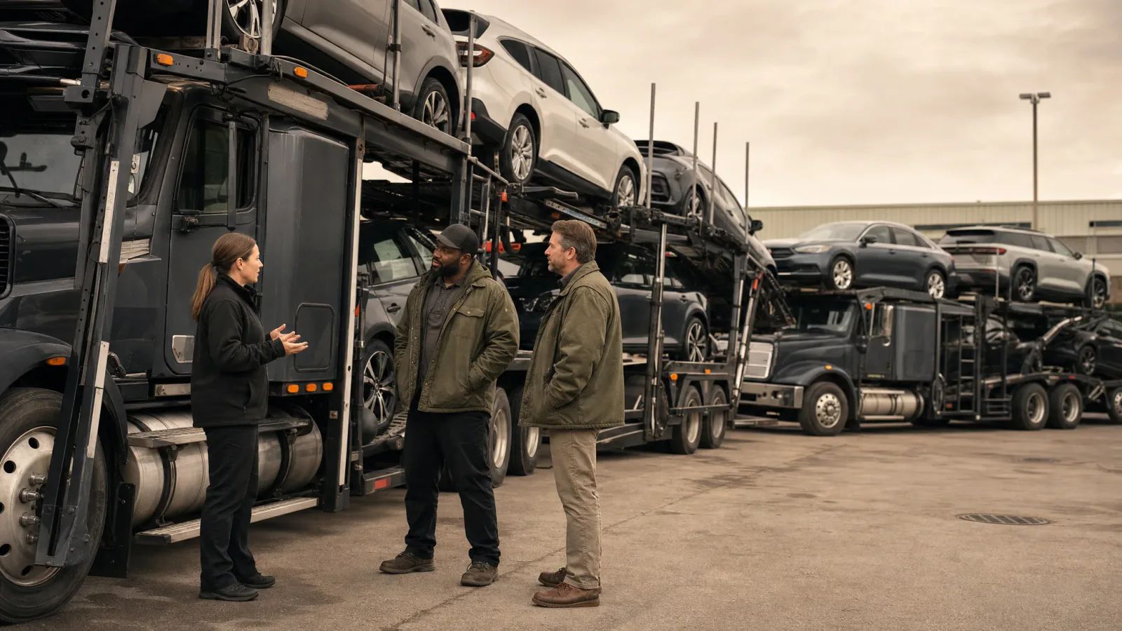 Three people talk beside a loaded car carrier in a fleet yard, with another loaded carrier parked behind them.