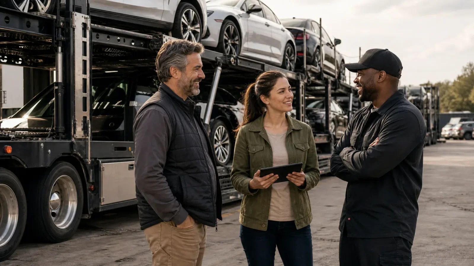 An office team member holding a tablet talks with a company owner and a driver beside a loaded car carrier.