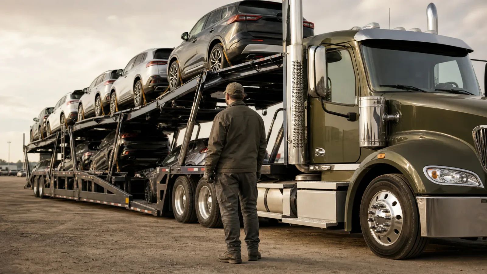 A driver stands beside a parked car carrier loaded with passenger vehicles in a transport yard.