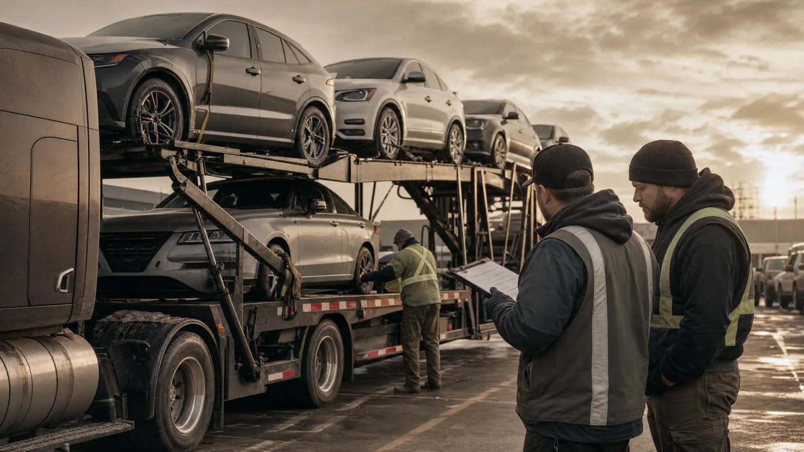 Two workers review a clipboard beside a car hauler loaded with vehicles, while another worker stands near the trailer.