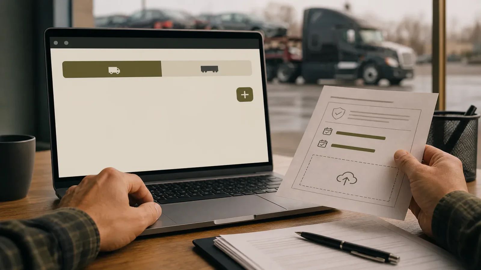 Person at a laptop with truck and trailer tabs on screen, holding a page with date and upload icons, a semi truck parked outside the window