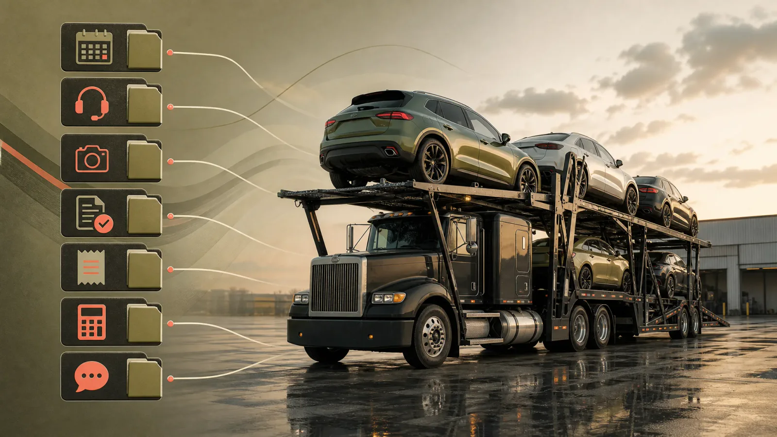 Car hauler load file checklist showing dispatch records, pickup documents, POD, receipts, and billing support