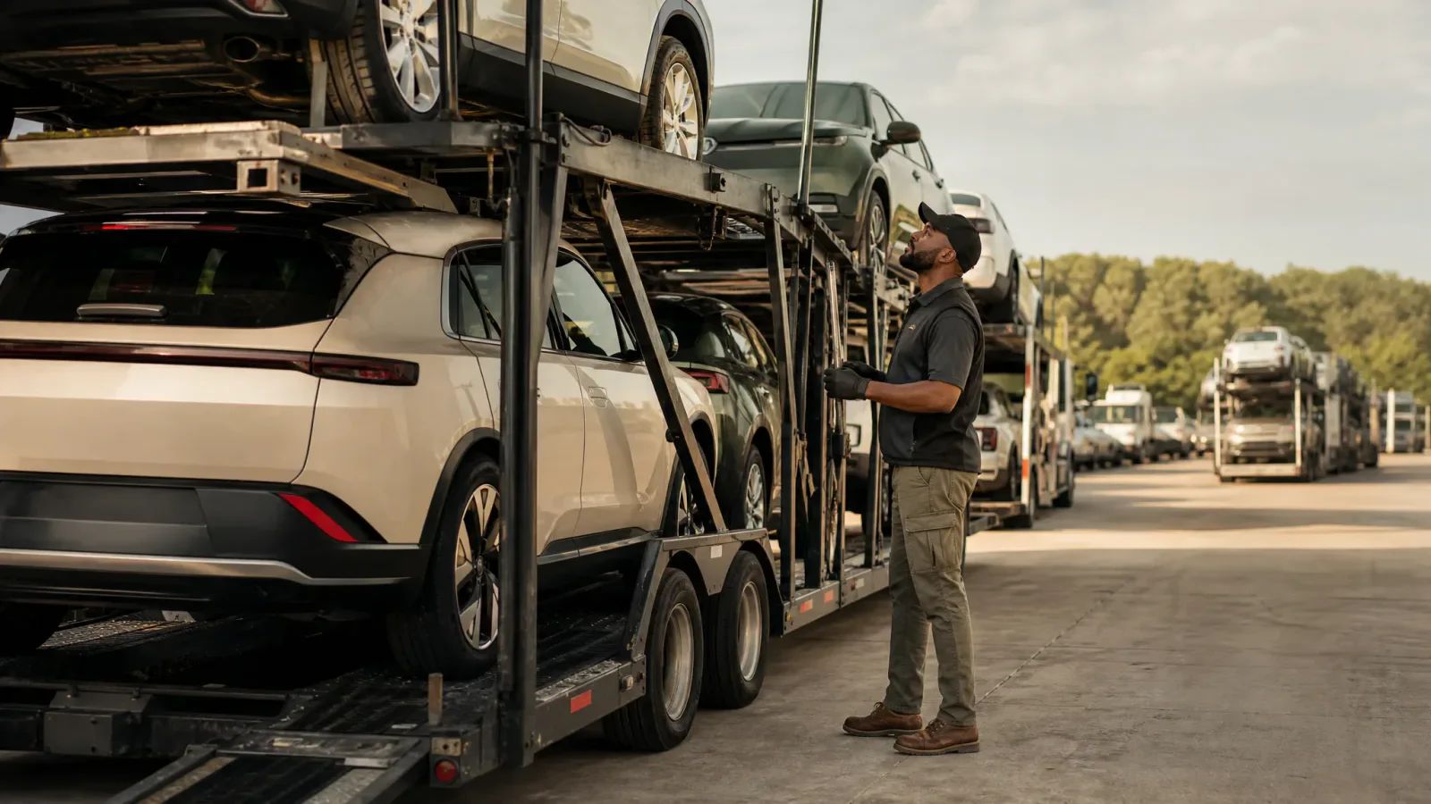 Driver beside SUVs loaded on a car carrier, with another transporter in the yard behind him.