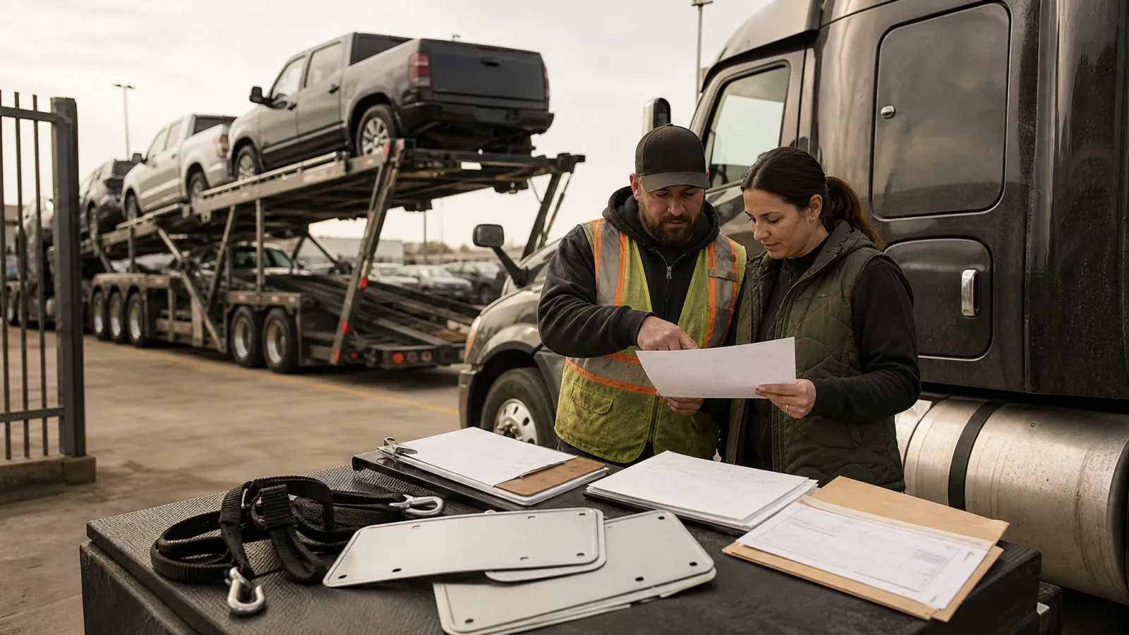 Car hauler driver reviewing carrier, equipment, vehicle, and pickup paperwork before loading cars