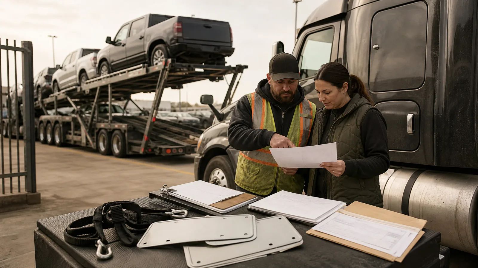 Car hauler driver reviewing carrier, equipment, vehicle, and pickup paperwork before loading cars